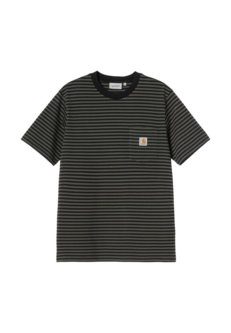Camiseta de rayas en algodón negro y verde oscuro, con cuello redondo, mangas cortas y un bolsillo en el pecho con una etiqueta de logo.