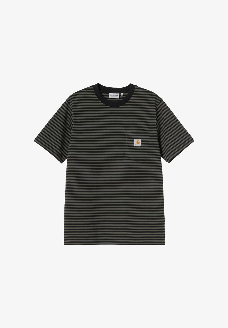 Pasiasta koszulka w kolorze ciemnozielonym i czarnym z bawełny, z okrągłym dekoltem, krótkimi rękawami i kieszonką na piersi z etykietą logo.