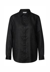 Camisa de lino negra con un cierre de botones en la parte delantera, mangas largas, cuello puntiagudo y un corte relajado. Tejido texturizado con un brillo sutil.