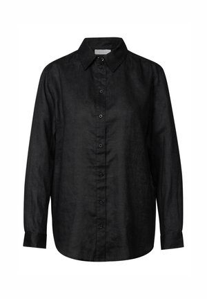 Sort linned skjorte med knap-front, lange ærmer, en spids krave og en afslappet pasform. Struktureret stof med en subtil glans.