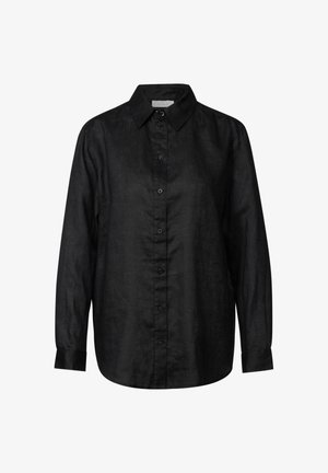 Sort linned skjorte med knap-front, lange ærmer, en spids krave og en afslappet pasform. Struktureret stof med en subtil glans.