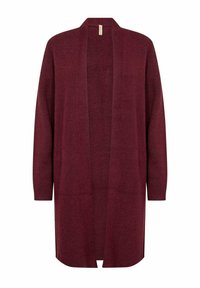 Bordeaux lange cardigan van zachte stof, met een open voorkant en geribbelde textuur. Heeft lange mouwen en een rechte zoom.