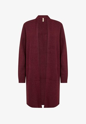Bordeaux lange cardigan van zachte stof, met een open voorkant en geribbelde textuur. Heeft lange mouwen en een rechte zoom.