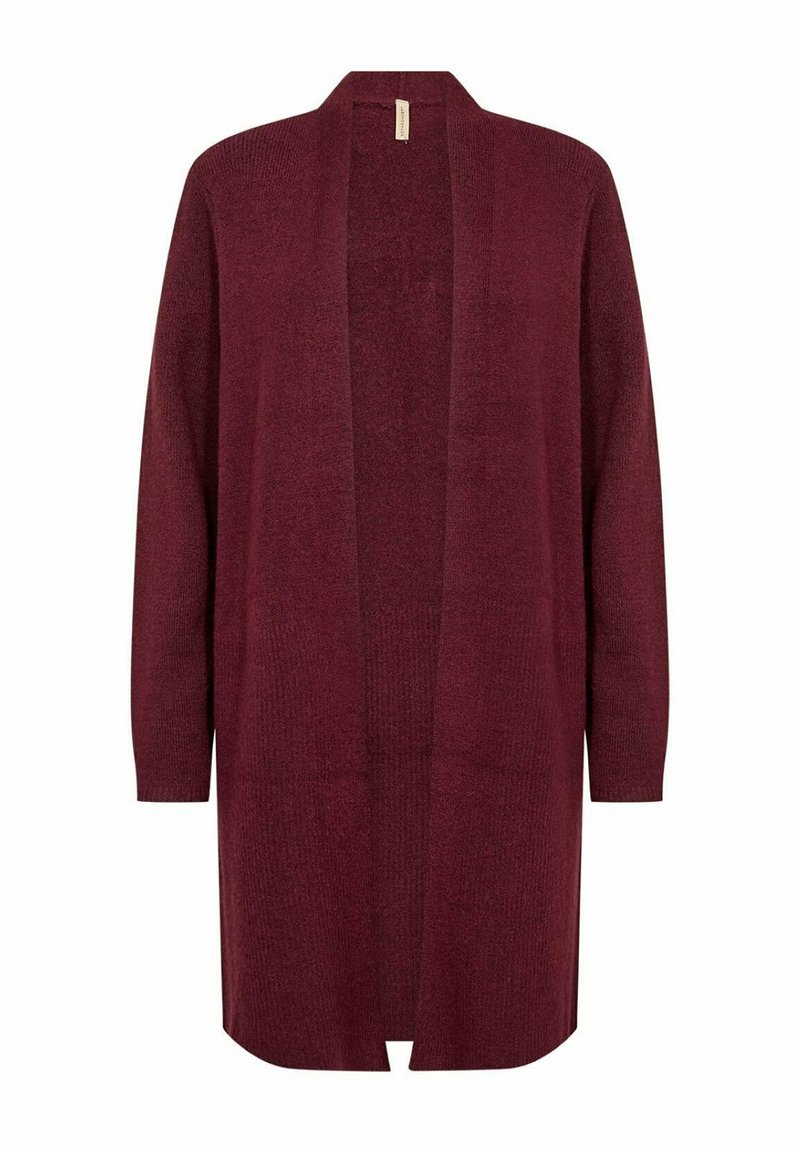 Bordeaux lange cardigan van zachte stof, met een open voorkant en geribbelde textuur. Heeft lange mouwen en een rechte zoom.