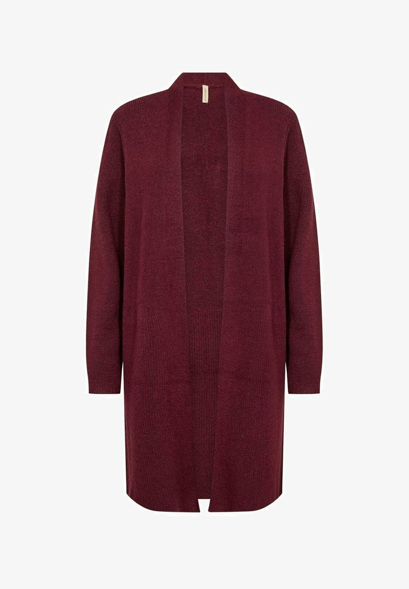 Bordeaux lange cardigan van zachte stof, met een open voorkant en geribbelde textuur. Heeft lange mouwen en een rechte zoom.