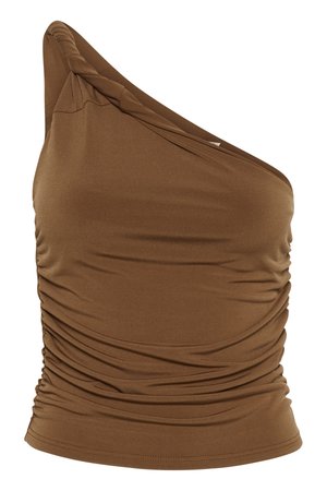 Brun en-skulder topp i mykt, elastisk materiale med samlet side-detalle. Fitted silhuett og jevn tekstur.