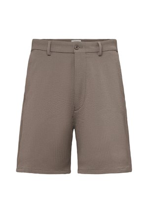 Taupe textured fabric men's shorts with belt loops, front button, and zip fly closure.