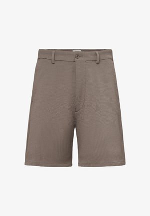 Taupe textured fabric men's shorts with belt loops, front button, and zip fly closure.