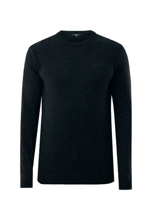 Maglione nero a girocollo realizzato in morbido tessuto. Presenta maniche lunghe, polsini a costine e un logo discreto sul petto. Design classico.
