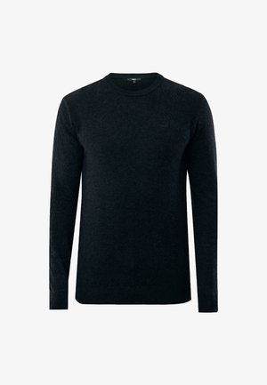 Súeter negro de cuello redondo hecho de una tela suave. Presenta mangas largas, puños acanalados y un logotipo sutil en el pecho. Diseño clásico.