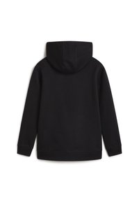Svart hoodie med känguruficka, tillverkad av mjuk bomullsblandning, med dragsko på huvan och ribbade ärmslut. Bakview visas.
