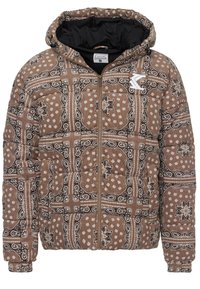 Padded hooded jacket w kolorze brązowym z czarnym i białym wzorem paisley, z zamkiem z przodu i elastycznymi mankietami. Miękka, pikowana faktura.