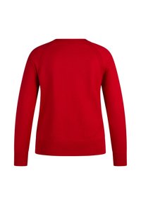 Leuchtend roter Pullover mit langen Ärmeln und Rundhalsausschnitt, mit gerippten Bündchen, Saum und Schulternaht-Details, von hinten auf weißem Hintergrund gezeigt.