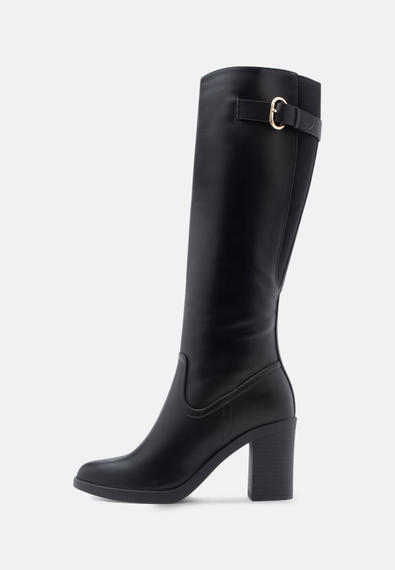 Knee-high black synthetic boots with a square toe, block heel, side buckle detail, and smooth surface texture.