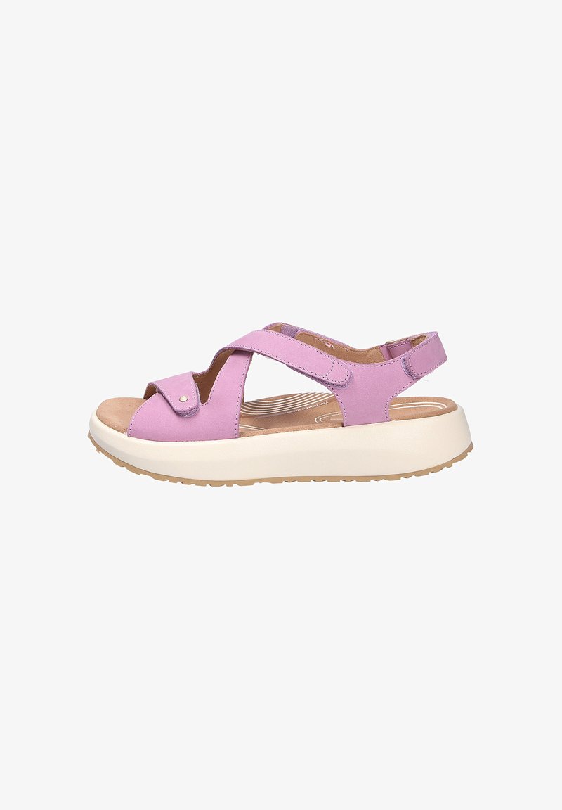Lilac sandal with cushioned sole, adjustable crisscross straps, and open toe designed for comfort and support.