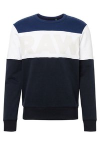 Sudadera en bloques de color azul marino y blanco con el logo "RAW" en gris claro prominente en el pecho, cuello redondo y puños de canalé.