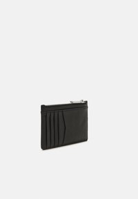 Black leather wallet with a textured surface, featuring multiple card slots and a zippered compartment for coins or cash.