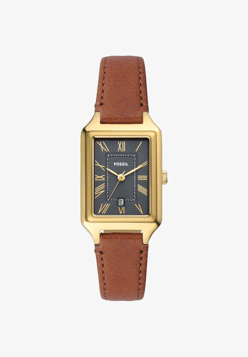 Montre-bracelet rectangulaire dorée avec cadran noir, chiffres romains, affichage de la date à 6 heures et bracelet en cuir marron par Fossil.