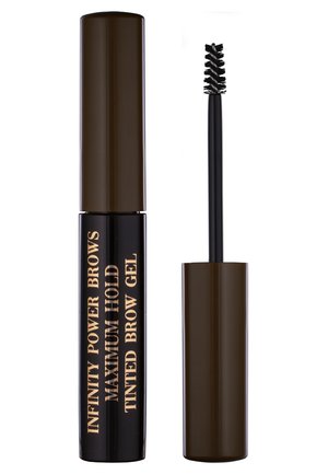 Gel pour sourcils teinté dans un tube marron avec du texte doré. Comprend une brosse spirale pour l'application. Fini brillant, design compact, couleur foncée.