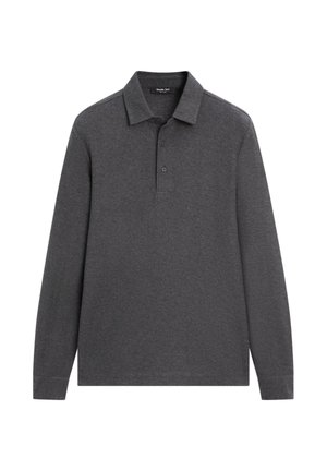 Koszulka polo z długim rękawem w ciemnoszarym kolorze, wykonana z miękkiego materiału, z klasycznym kołnierzem, zapinana na trzy guziki oraz z mankietami ściągaczowymi.