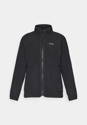 Schwarze Fleecejacke mit hohem Kragen und Reißverschluss, ausgestattet mit zwei Seitentaschen und einem strukturierten Stoff, versehen mit einem kleinen Logo.