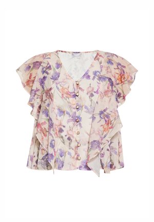 Lille lille õiebluus V-dekolteega, lühikeste volangkäistega ja nööpide ees. Omab kreemjat põhivärvi koos lillade ja oranžide kirjadega. Kerge kangas.