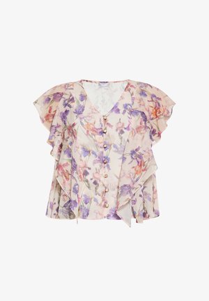 Kwiatowa bluzka z dekoltem w serek, krótkimi falbaniastymi rękawami i zapięciem na guziki. Posiada kość słoniową jako bazę z fioletowymi i pomarańczowymi wzorami kwiatowymi. Lekka tkanina.