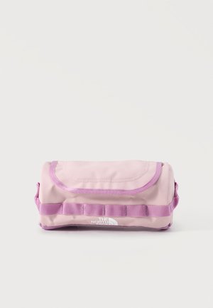 Pink and lavender soft fabric toiletry bag with zipper, carrying handle, and The North Face logo on the front.