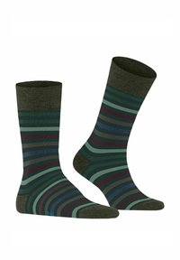 Paski skarpet z mieszanką ciemnozielonych, niebieskich i bordowych pasów na teksturowanym ciemnym tle. Ściągacze z prążkami dla pewnego dopasowania.