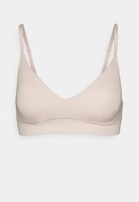 Svijetlosmeđi bezšavni bralette s mekanom rebrastom teksturom, dizajnom s V-izrezom, podešavanjima tankih naramenica i širokom elastičnom trakom na dnu.