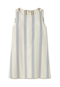 Top senza maniche di un leggero color crema con strisce verticali blu e grigie, caratterizzato da un collo rotondo e accenti a righe contrastanti sulle spalle.