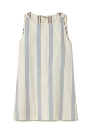 Top bez rukávov v svetlej smotanovej farbe s vertikálnymi modrými a sivými pruhmi, s okrúhlym výstrihom a kontrastnými pruhovanými akcentmi na pleciach.