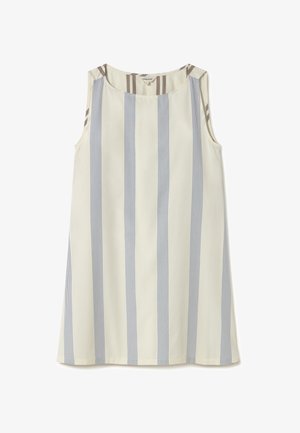 Top bez rukávov v svetlej smotanovej farbe s vertikálnymi modrými a sivými pruhmi, s okrúhlym výstrihom a kontrastnými pruhovanými akcentmi na pleciach.