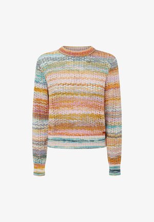 Mitmekesine kudumipusa, millel on horisontaalsed triibud pastelselt värvilistes toonides, soonikuga kaelus ja varrukaotsad ning veidi lühem äär.