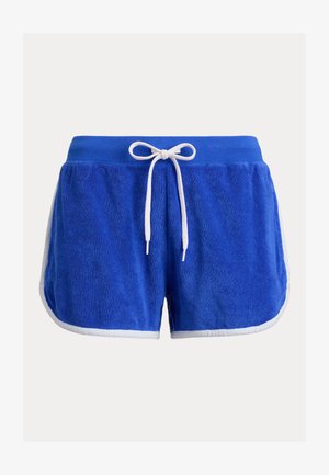 Blue terry cloth shorts with white trim and white drawstring tied in a bow at the elastic waistband.