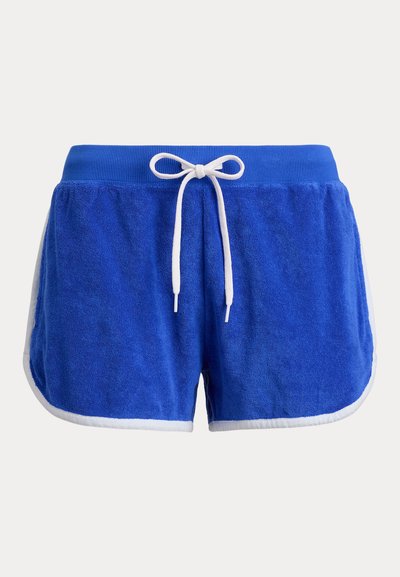 Μπλε σορτς από πετσέτα με λευκή επένδυση και λευκό κορδόνι δεμένο σε φιόγκο στη ελαστική μέση.