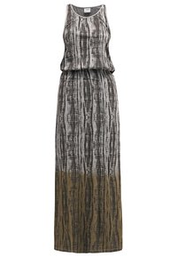 Robe maxi sans manches avec encolure ronde, comportant des rayures verticales tie-dye grises et noires s'estompant en marron à l'ourlet.