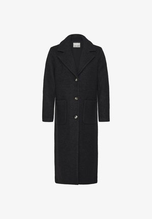 Long black coat made of wool, featuring a notched collar, three buttons, and two side pockets. Simple, tailored design with a straight cut.