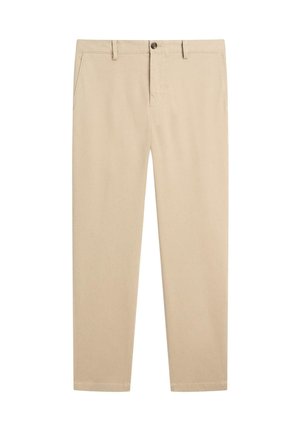 Beige chinos made of cotton with a straight fit. Features a button closure, side pockets, and no visible patterns or embellishments.