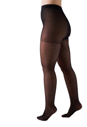 Pantys negros transparentes con una textura suave, cinturilla alta y un acabado mate, que se extienden desde la cintura hasta los dedos de los pies.