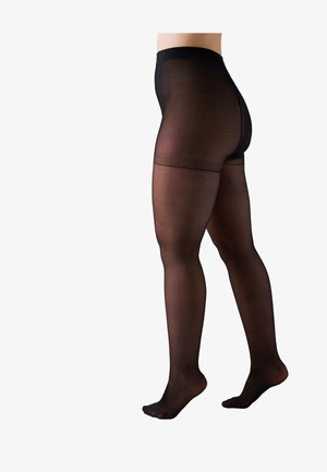 Pantys negros transparentes con una textura suave, cinturilla alta y un acabado mate, que se extienden desde la cintura hasta los dedos de los pies.