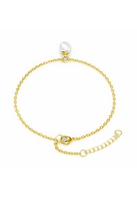 Braccialetto in chain d'oro con accento di perla bianca rotonda. Caratterizzato da una chiusura sicura e lunghezza regolabile con una piccola catena di estensione.
