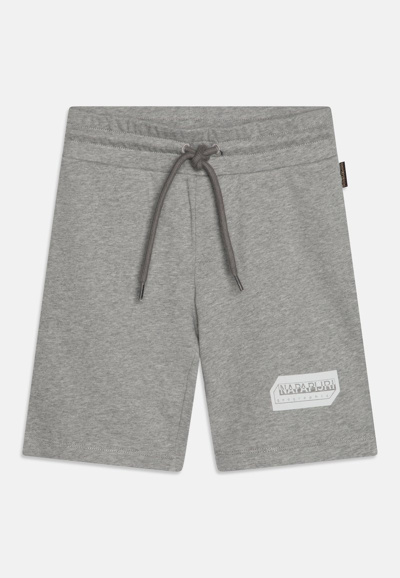 Pantalones cortos de algodón grises con cintura ajustable por cordón, que presentan un parche de logo blanco en la pierna izquierda y una textura suave y lisa.