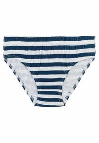 Intimo da donna a righe blu e bianche realizzato in tessuto morbido, con una cintura elastica e bordi lisci per il massimo comfort.