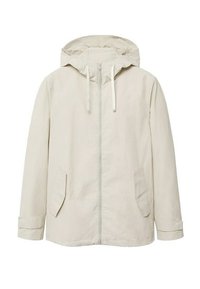 Giacca beige chiaro con cappuccio, zip frontale e due tasche laterali. Realizzata in tessuto liscio, presenta coulisse regolabili al collo.