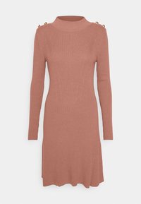 Long-sleeve ribbed knit dress in dusty pink with mock neck and four gold buttons on shoulder seams.