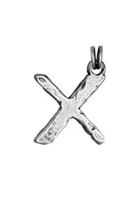 Silverfärgad X-formad berlock med en strukturerad, ojämn yta och en liten ögla högst upp för att fästa i ett halsband eller kedja. Märkt 925.