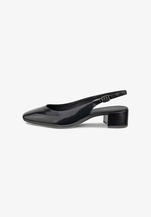 Schwarzer Slingback-Pumps aus Leder mit spitzer Spitze, niedrigem Blockabsatz und verstellbarem Schnallenriemen. Glatte Textur mit glänzendem Finish.