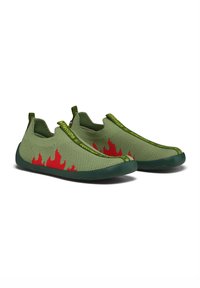 Green mesh slip-on shoes with red flame accents, textured upper, and a sturdy green sole. Features a looped pull tab and branding on the strap.