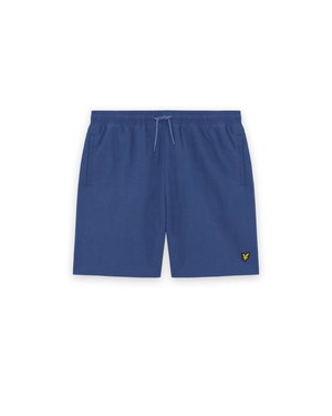 Blå shorts med elastisk midje og snor, sidelommer og en liten gul og svart logo på nederste venstre ben.